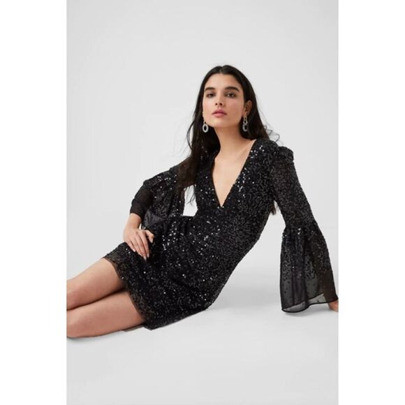 French Connection Women's Cellienne Sequin Bell Sleeve Laced Mini Black Dress 4 - Picture 3 of 13